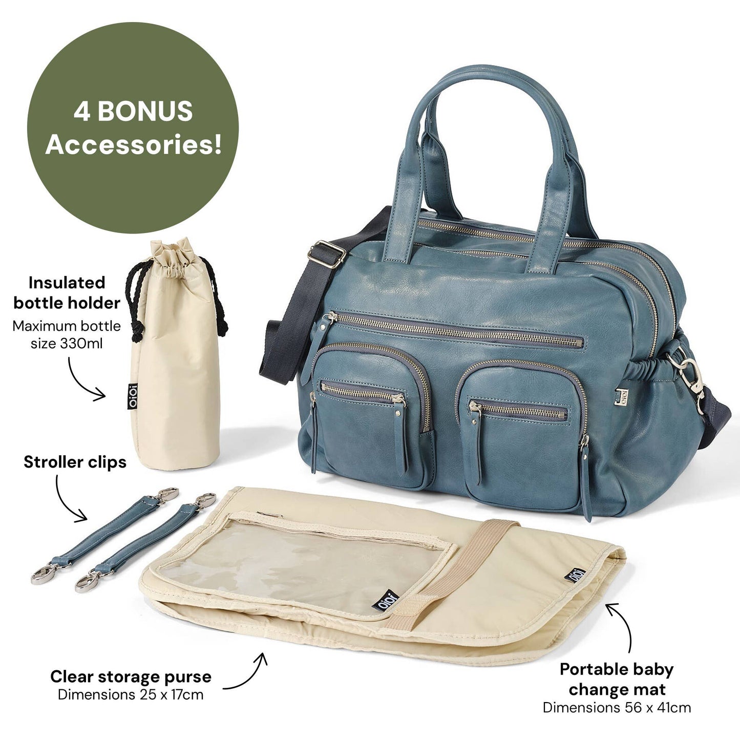 Vegan Leather Carry All Nappy Bag - Stone Blue