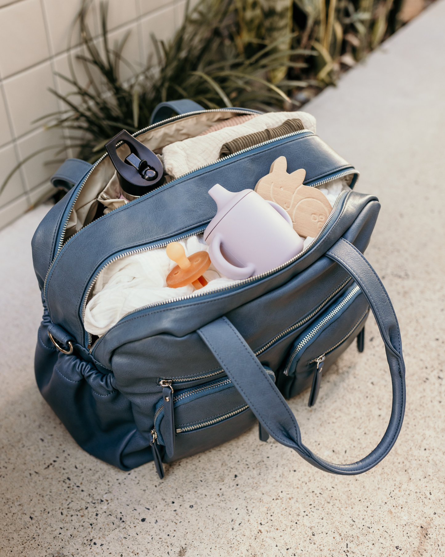 Vegan Leather Carry All Nappy Bag - Stone Blue
