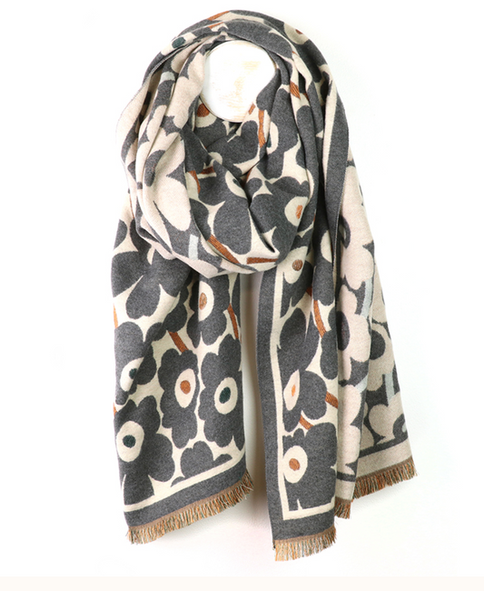 Grey mix poppy print jacquard scarf