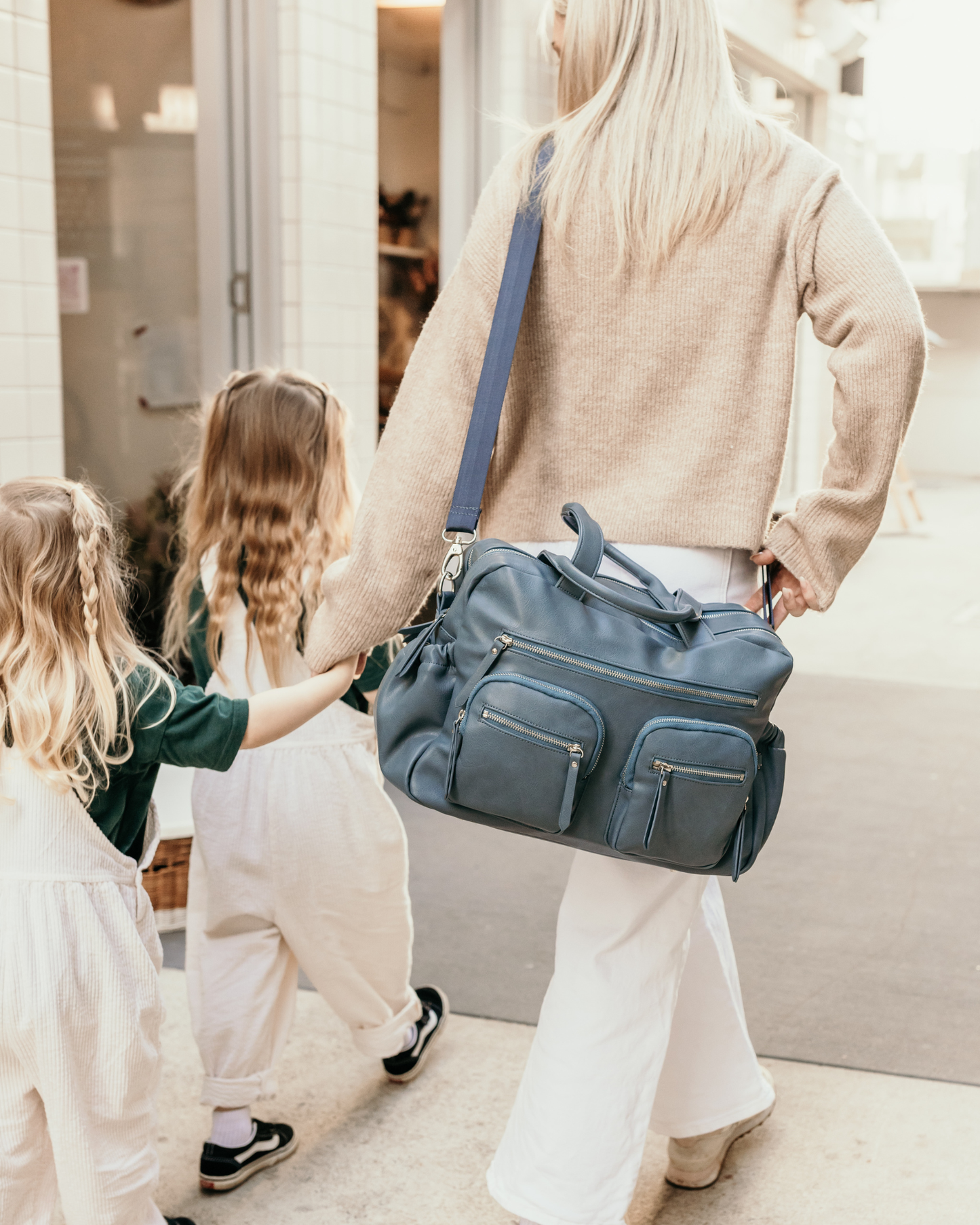 Vegan Leather Carry All Nappy Bag - Stone Blue