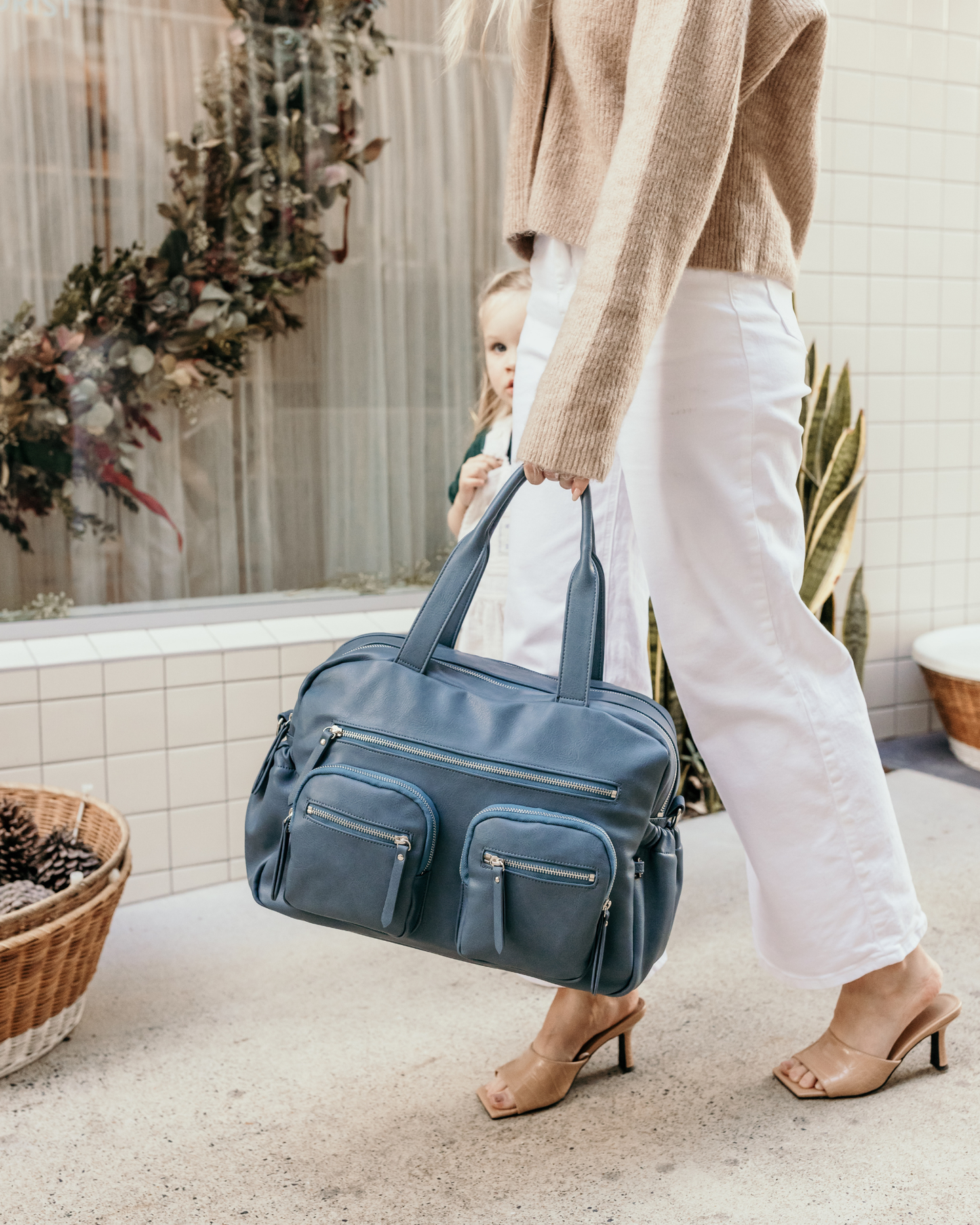Vegan Leather Carry All Nappy Bag - Stone Blue