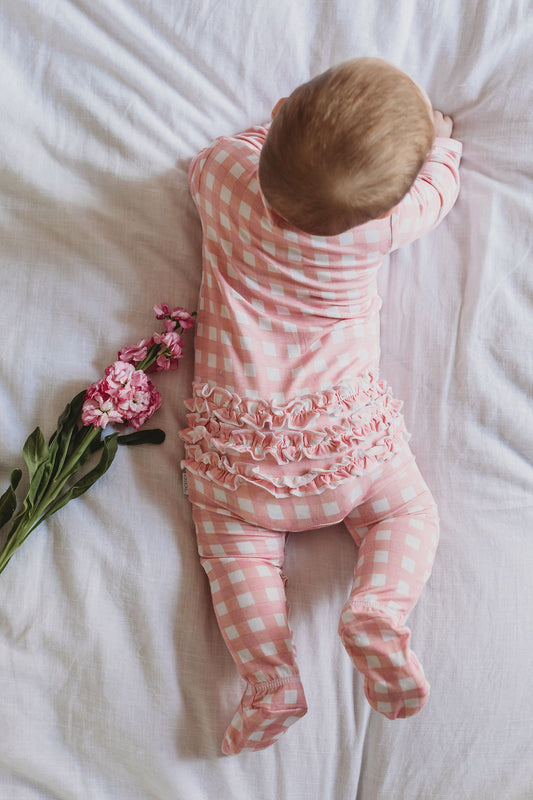 OiOi Bamboo Zip Ruffled Romper – Pink Gingham