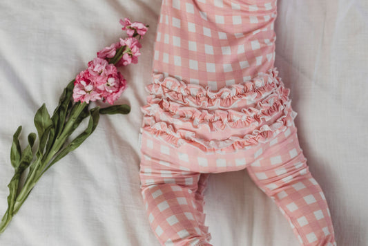 OiOi Bamboo Zip Ruffled Romper – Pink Gingham