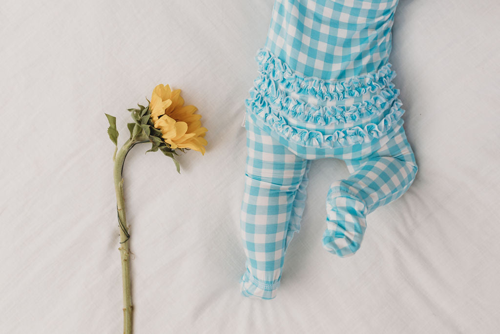 Bamboo Zip Ruffled Romper Blue Gingham