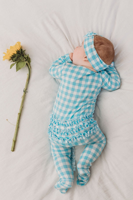 Bamboo Zip Ruffled Romper Blue Gingham