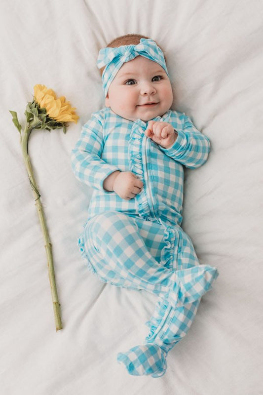 Bamboo Zip Ruffled Romper Blue Gingham
