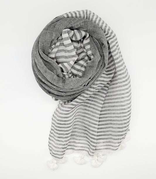 Grey Stripy Pom Pom Scarf