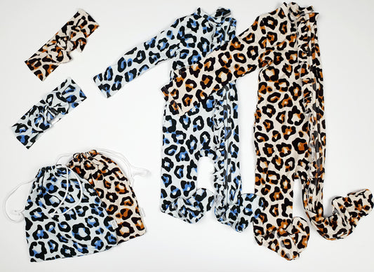 OiOi Romper Bundle-BLUE/NATURAL LEOPARD