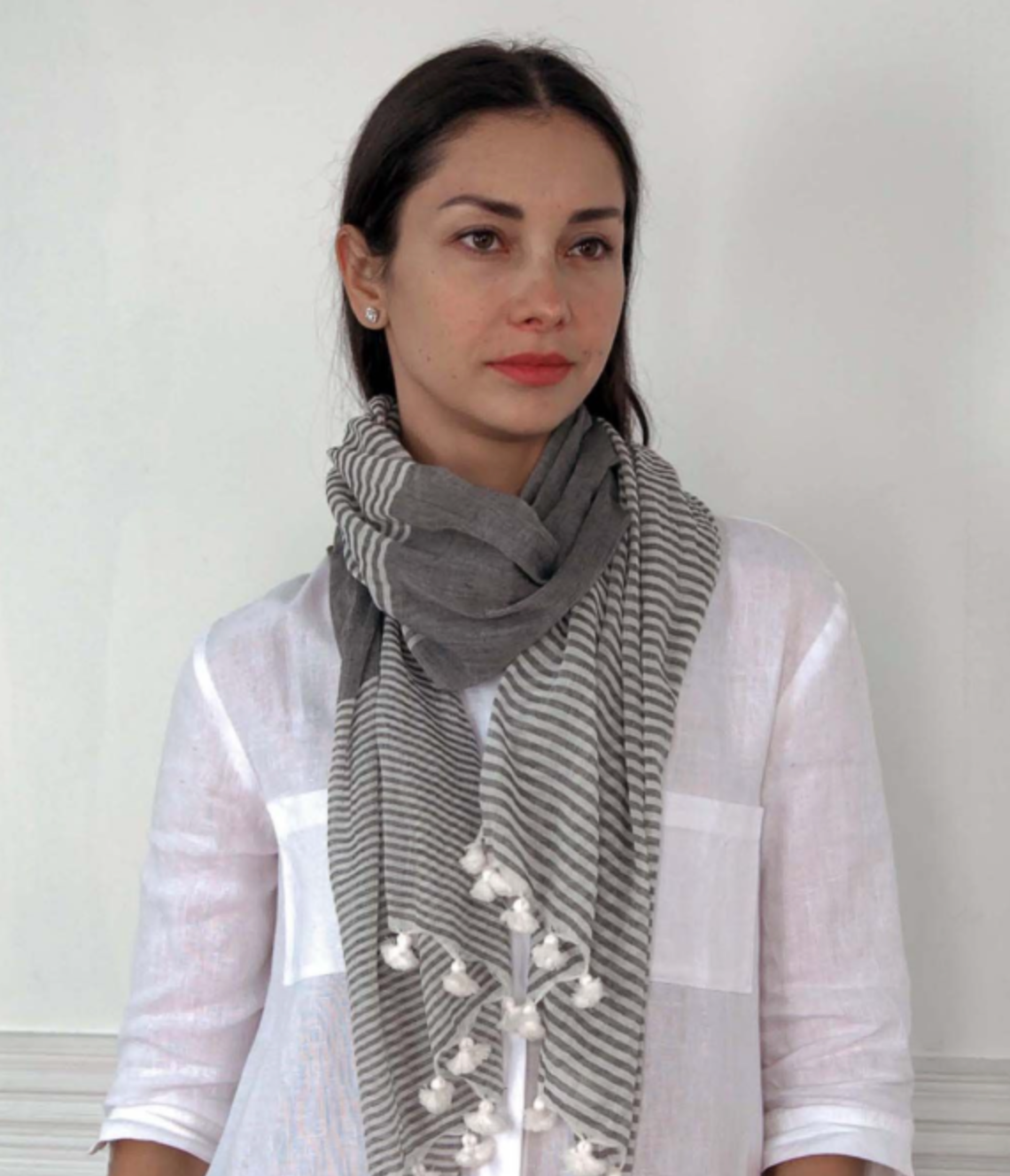 Grey Stripy Pom Pom Scarf