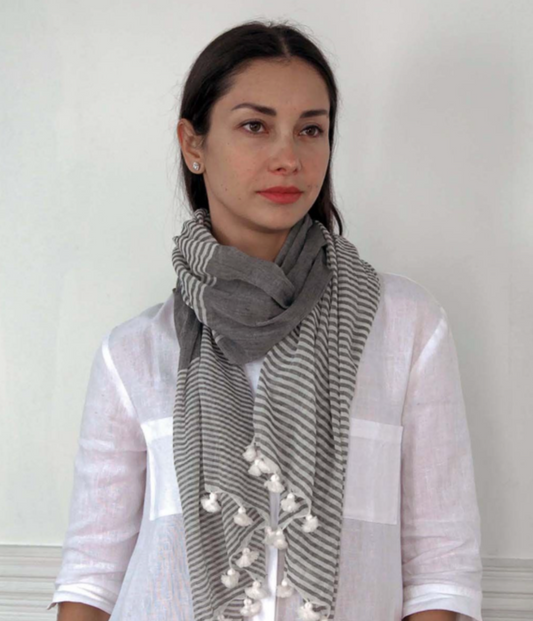 Grey Stripy Pom Pom Scarf