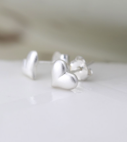 Sterling Silver Brushed Heart Stud Earrings