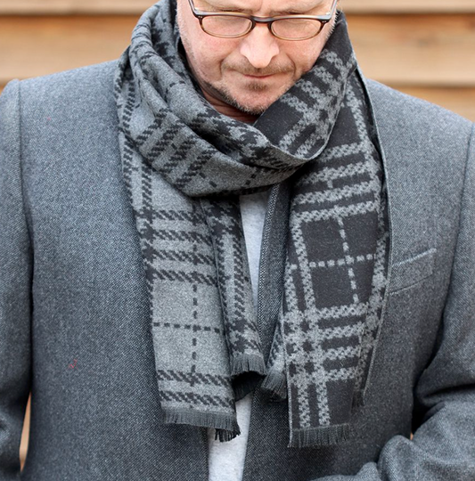 Grey and Black Herringbone Reversible Plaid Mens scarf