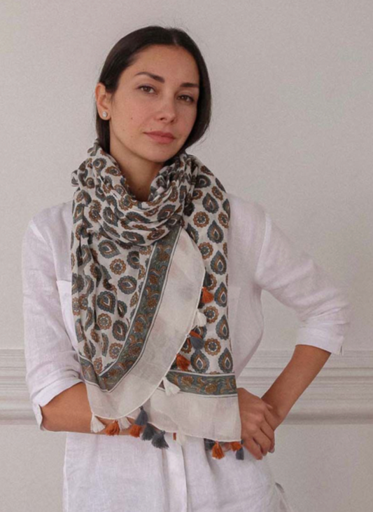 Ochre Block Print Aztec Scarf