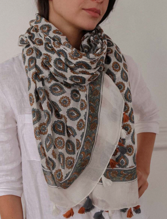 Ochre Block Print Aztec Scarf