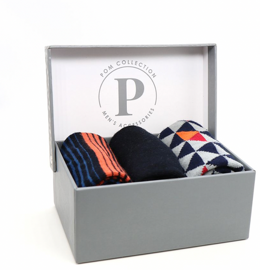 Men’s black and orange mix stripe triangle bamboo sock trio Box