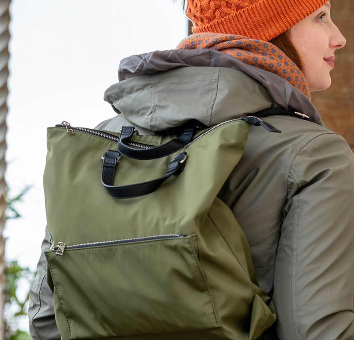 Olive nylon backpack with zip front pocket