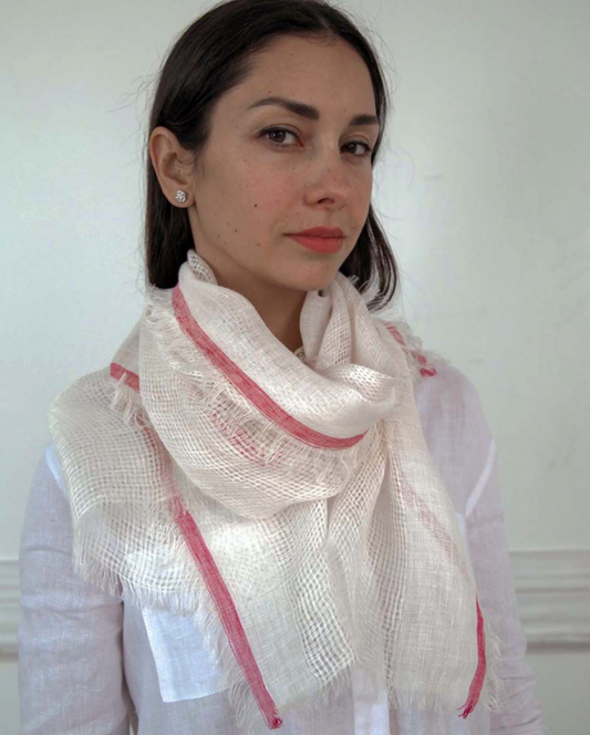 Red and cream pure linen scarf