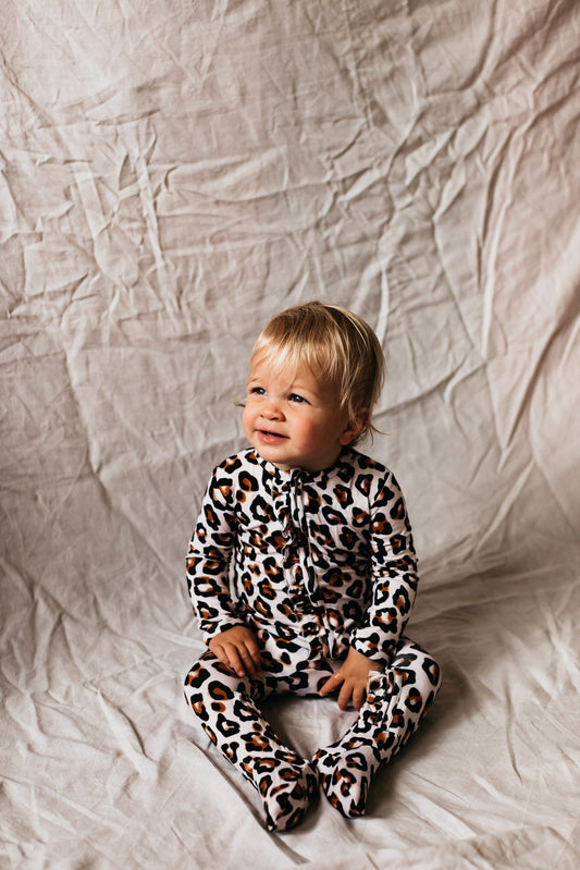 Bamboo Zip Ruffled Romper Suit Natural Leopard