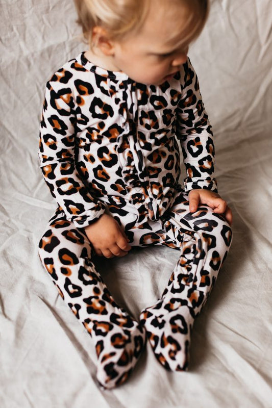 Bamboo Zip Ruffled Romper Suit Natural Leopard