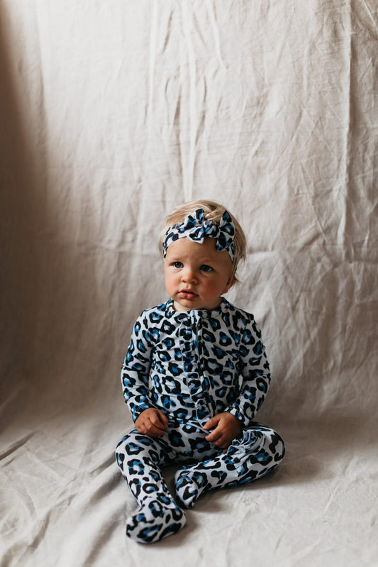 Bamboo Zip Ruffled Romper Suit Blue Leopard-OiOi