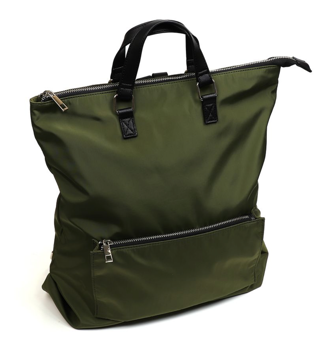 Olive nylon backpack with zip front pocket