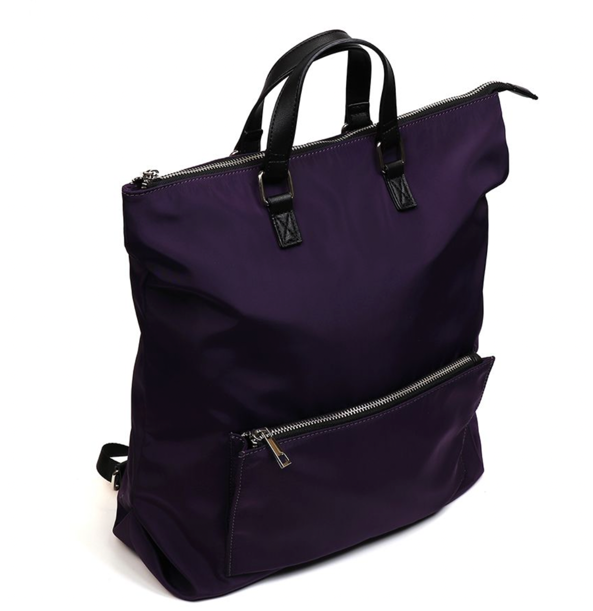 Purple nylon backpack with zip front pocket