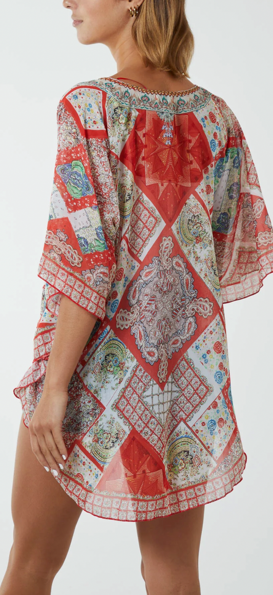 Short Kimono  Red Patchwork