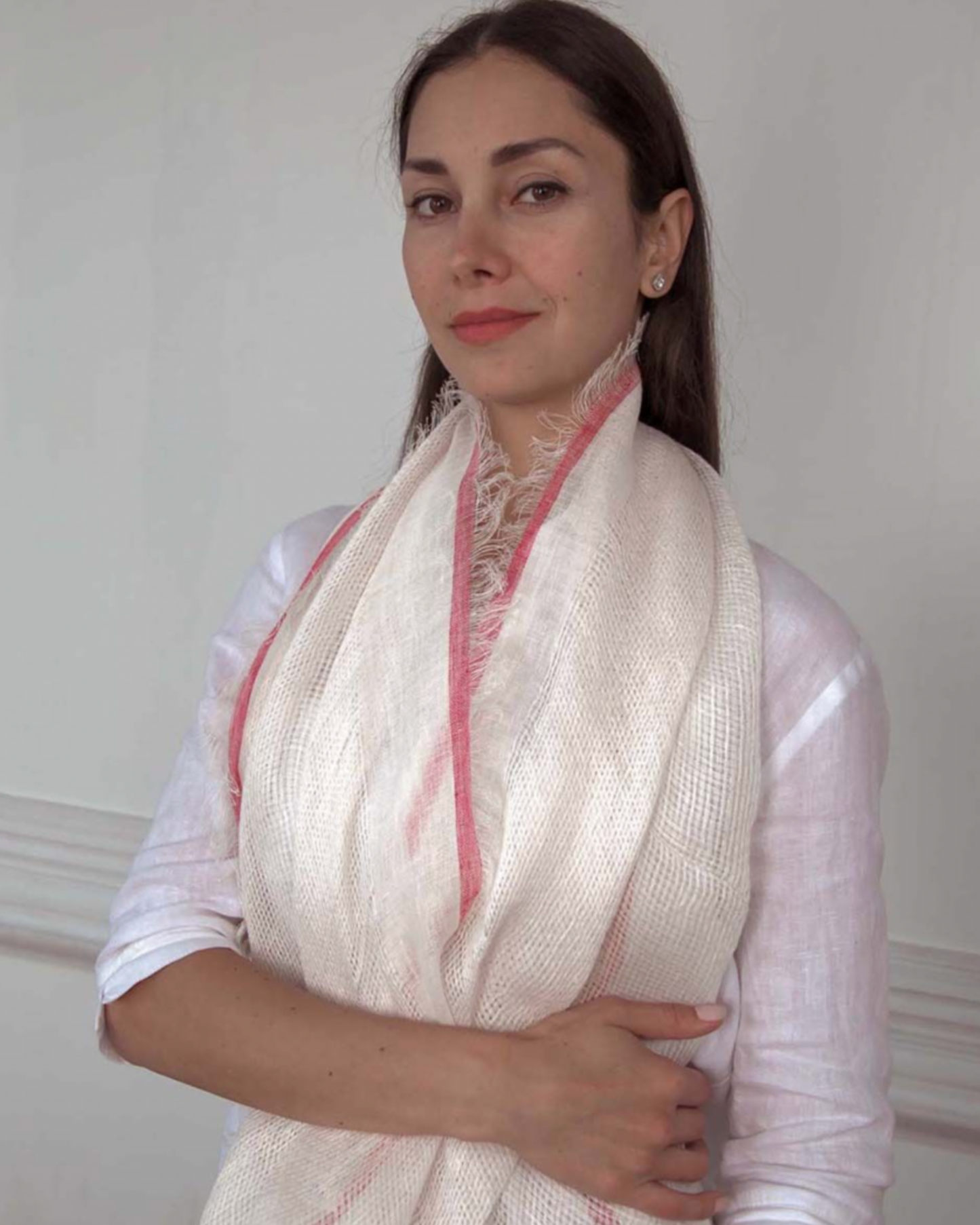Red and cream pure linen scarf