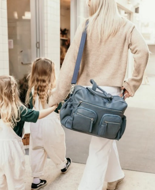 Faux Leather Carry All Nappy Bag - Stone Blue
