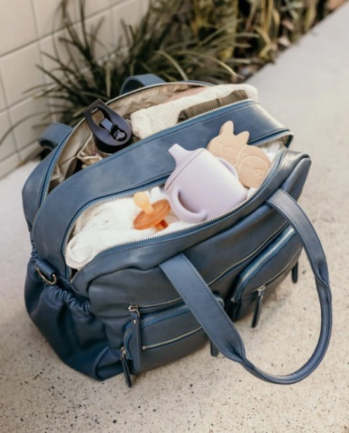 Faux Leather Carry All Nappy Bag - Stone Blue
